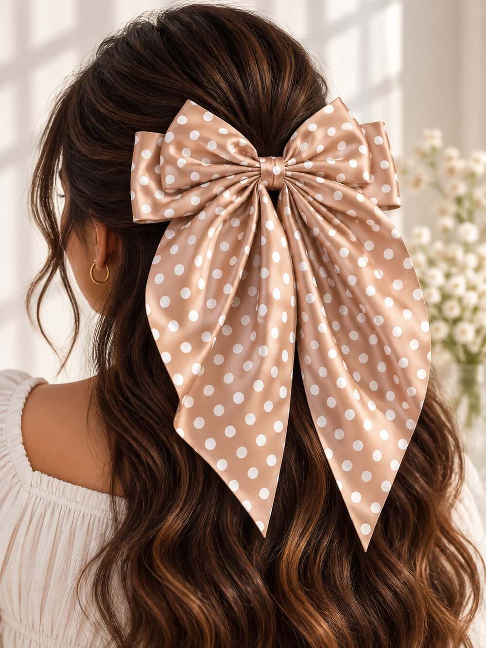 Taupe White Polka Dot Satin Hair Bow Long Tail Preppy Retro Feminine Clip